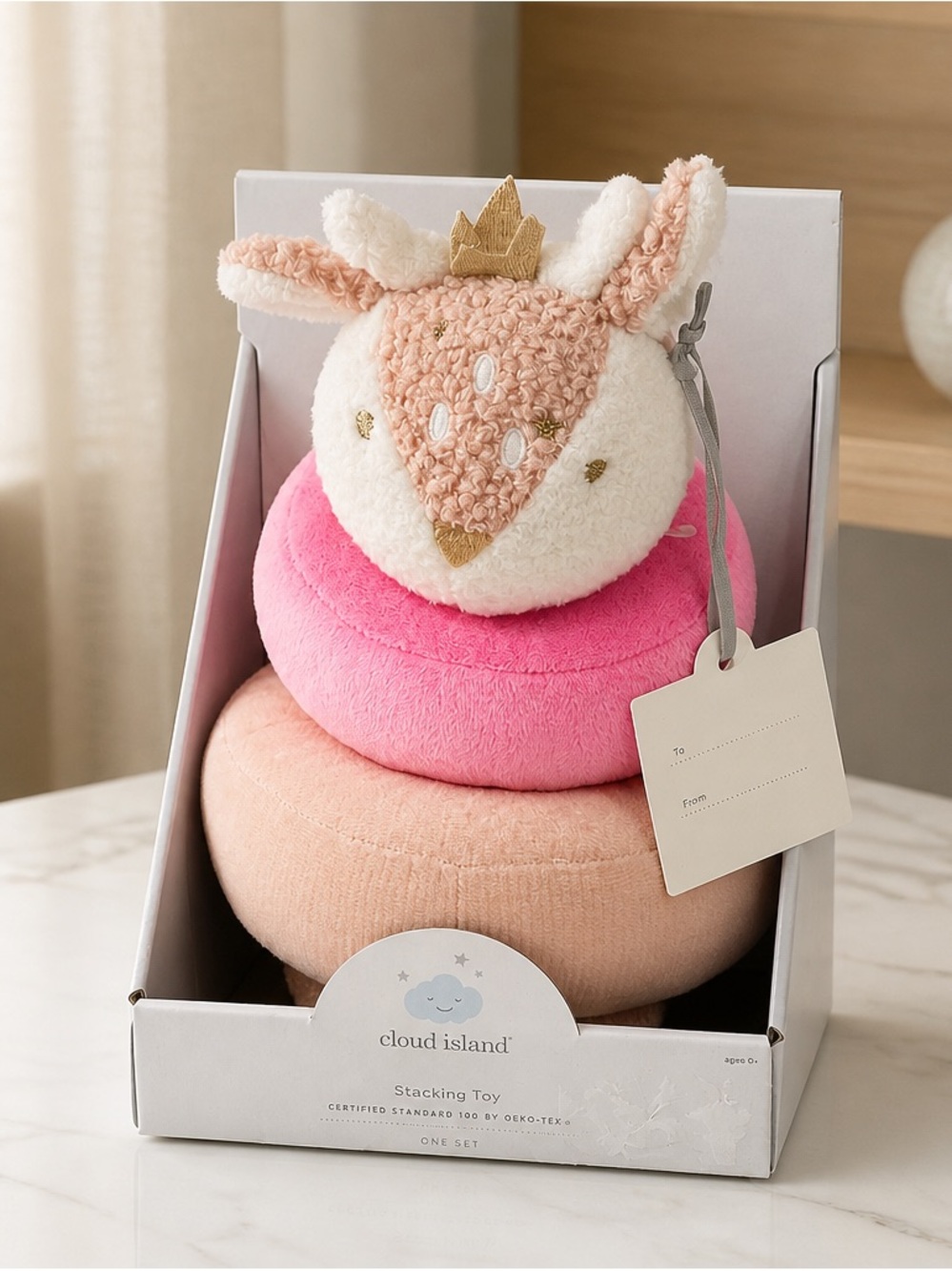 Cloud Island Pink Deer Plush Baby Toy Stacker Base Rings Head Soft